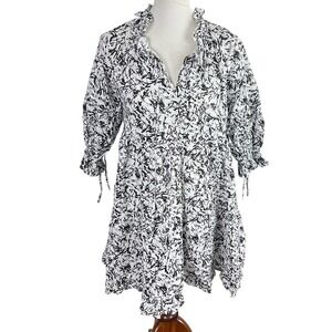 Boho Chic Black & White Abstract Print Cotton Mini Dress, Size M